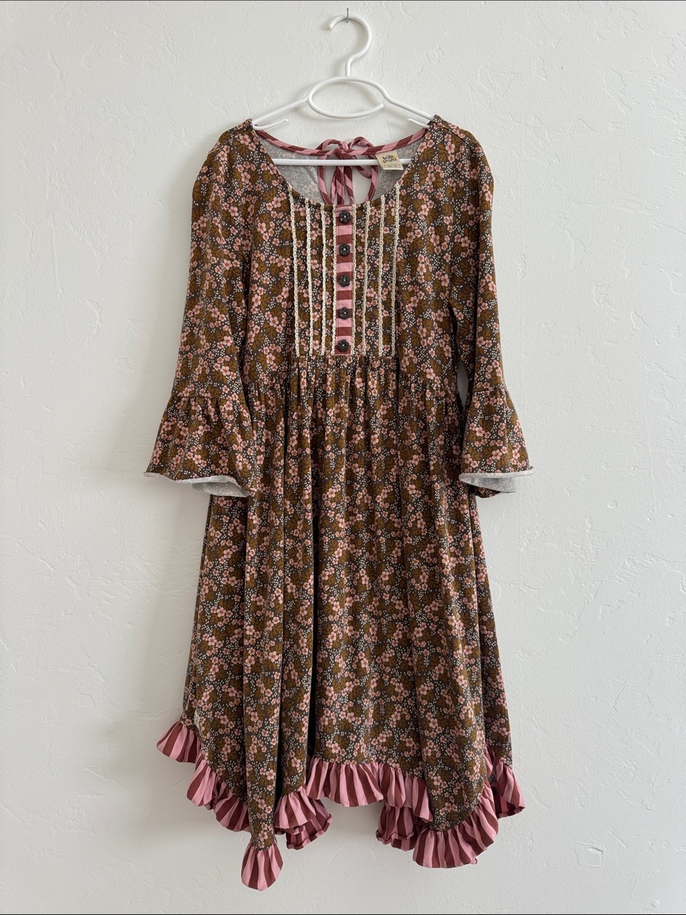Girls' Brown Floral Long-Sleeve Dress with Pink Ruffle Trim